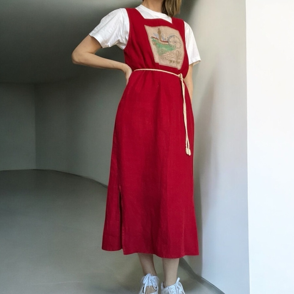 VTG 90s Red Linen Column Dress Lagenlook Coastal Grandma Midi Pinafore Dress 6 - Picture 2 of 10